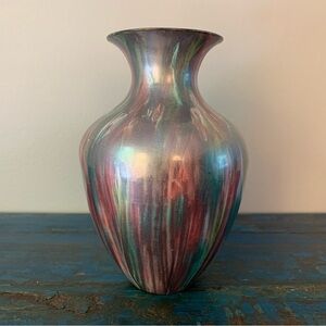 Brass Vase Enamel Green Pink Red Lines Vintage Made in India Northern Lights